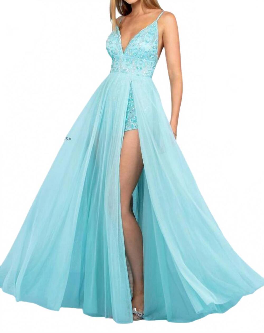 NEW SCALA v-neck floor-length tulle prom a-line dress in turquoise/silver